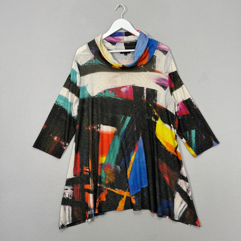 Damee Abstract Print Cowl Neck Tunic Womens XL Black Sharkbite Hem Top Artsy
